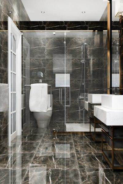 3d rendering modern black bathroom with luxury tile decor